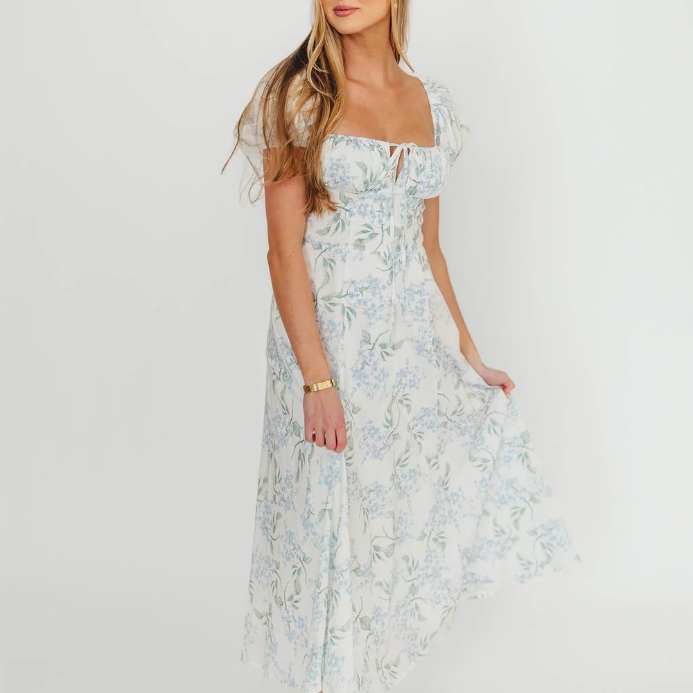Madison puff sleeve midi dress in blue green floral